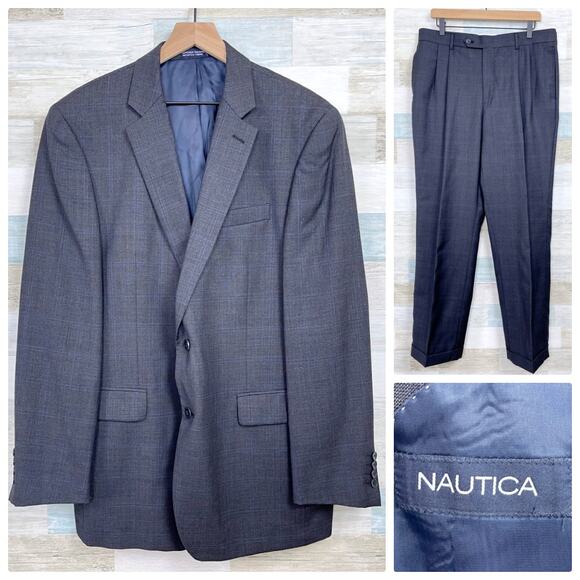 Nautica Wool Windowpane Suit Gray Two Button Mens 42L Jacket 36W Pleated Pants - Picture 1 of 14
